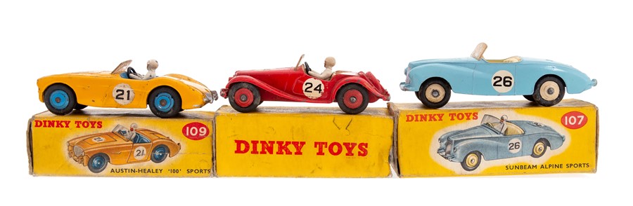 Dinky: Three boxed Dinky Toys vehicles to comprise: Sunbeam Alpine Sports, 107, correct colour spot,