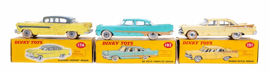 Dinky: Three boxed Dinky Toys vehicles to comprise: Hudson Hornet Sedan, 174, correct colour spot,