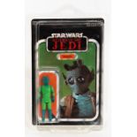 Star Wars: A cased and carded, Return of the Jedi 'Greedo' figure, 79 unpunched card back, Made in