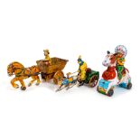 Tinplate: A Marx Horse and Cart with Driver, clockwork, together with a tinplate Indian on horse,