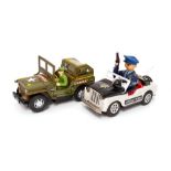 Tinplate: Two unboxed Japanese tinplate vehicles, battery operated: Daiya, 'Highway Patrol Jeep' and