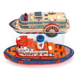 Tinplate: A battery operated Tugboat 'Catfish' and Steamboat 'Queen River', both Masudaya (Modern