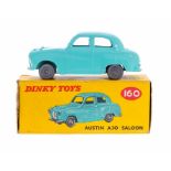Dinky: A boxed Dinky Toys, Austin A30 Saloon, 160, turquoise body, smooth grey wheels, vehicle good,