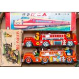 Tinplate: A boxed battery operated tinplate by Nomura, Japan, Veteran Car, together with a Fire
