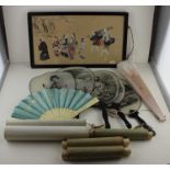 A collection of Japanese silk fans, A Meji period watercolour, a collection of Ivory scrolls and