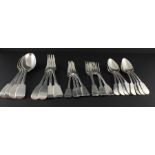 A matched set of fiddle pattern silver flatware, to include; Four large William IV tablespoons, by