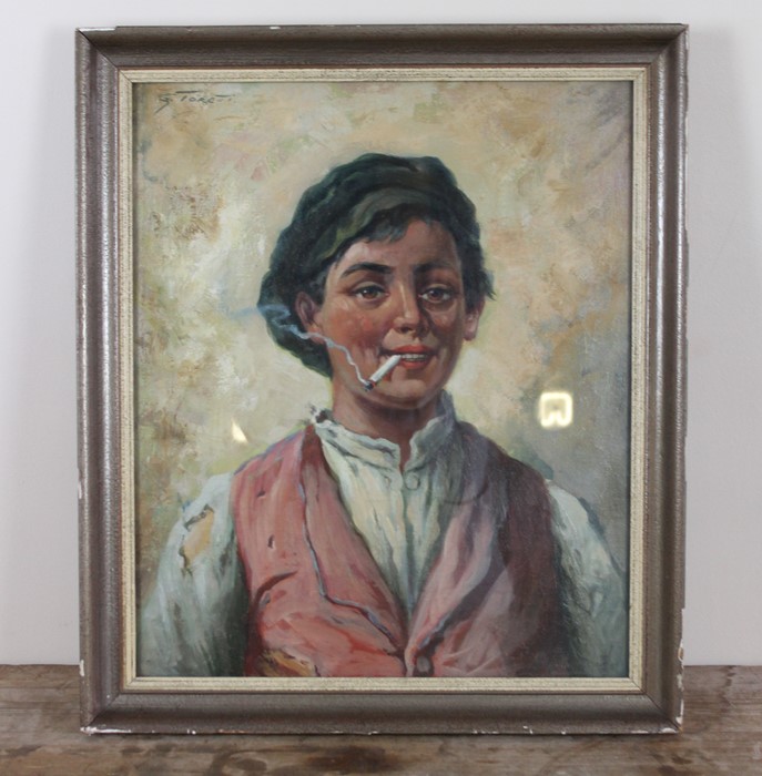 G Toretti (Italian 20th century), "Boy smoking a cigarette", oil on canvas, signed upper left, 59.