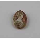A yellow metal mounted oval shell cameo pendant/brooch, the shell carved with a profile bust of