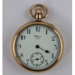 A 9ct. gold Waltham pocket watch, having signed white enamel Arabic numeral dial with subsidiary