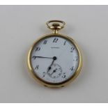 An E Howard Watch Co. 14ct. gold pocket watch, crown wind, having white enamel Arabic numeral dial