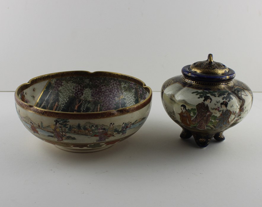 A Japanese Meiji period Satsuma bowl together with a similar Kinkozan style Satsuma Koro