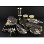 A collection of silverware, to include; a pair of Edwardian silver bon bon dishes, John Edward