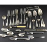 A collection of silver flatware, to include; a pair of George IV silver fiddle pattern sugar