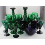 A large collection of 19th cent glassware including green facetted Decanters and wine glass washers