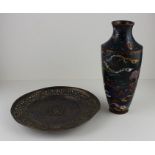 A Chinese cloisonne vase and a plate.