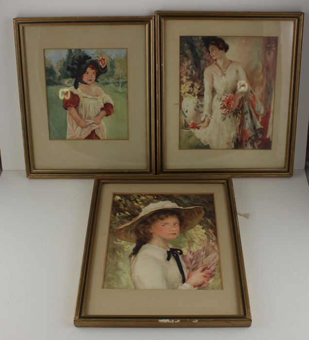 A collection of early 20th cent watercolours of girls and a similar larger print