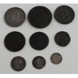 A small collection of coins, to include; a 1680 Charles II silver fourpence, an 1787 George III