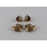 A large pair of 18ct. yellow gold and pearl "swan" earrings, each fashioned as a swimming swan