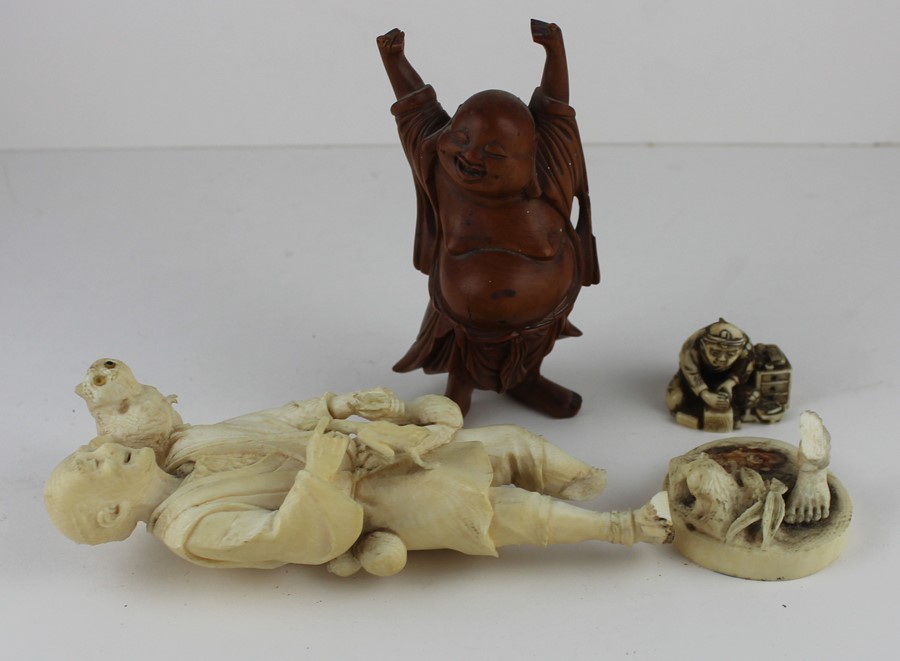 A collection of Japanese Ivory and wooden items to Include a Meiji Period Netsuke , Okimono figure