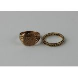 A 9ct. rose gold signet ring, hallmarked for 9 carat gold, together with a an octagonal shaped