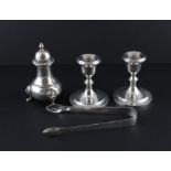 A pair of silver dwarf candlesticks, by Edward Barnard & Sons Ltd, assayed Birmingham 1947, height