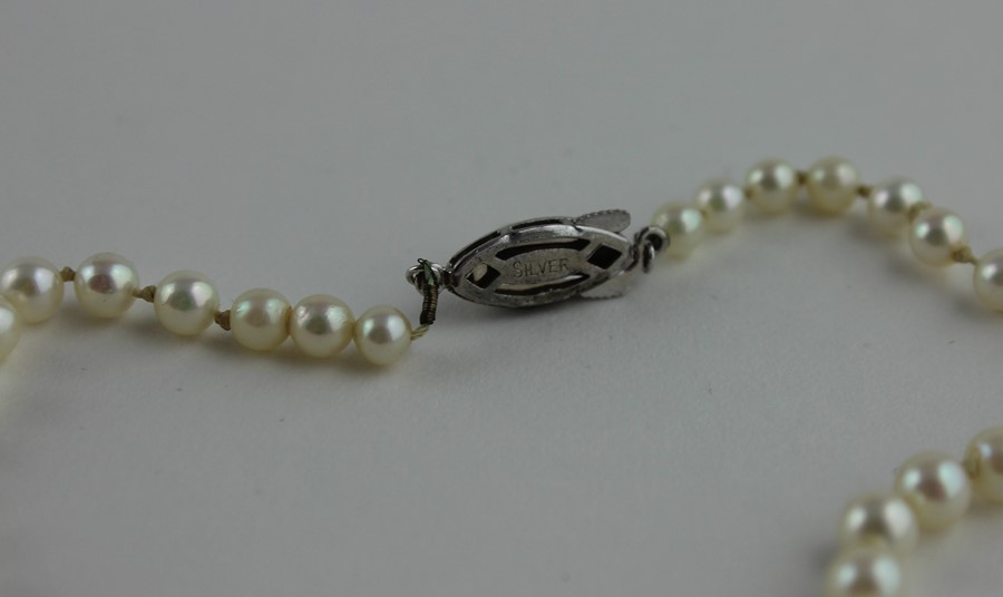 A graduated cultured pearl necklace, to white metal clasp set single pearl, impressed "silver", - Image 3 of 3