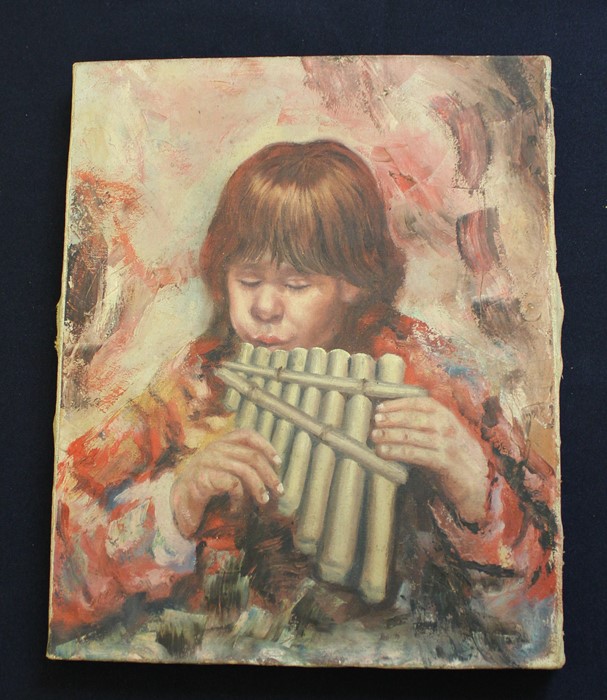 Early 20th Century School (possibly Russian), Study of a young boy playing the pan pipes, oil on