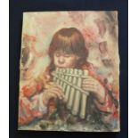 Early 20th Century School (possibly Russian), Study of a young boy playing the pan pipes, oil on