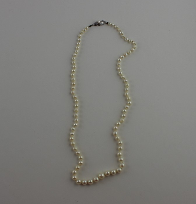 A graduated cultured pearl necklace, to white metal clasp set single pearl, impressed "silver",