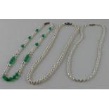 A Chinese 14ct. gold, pearl and jadeite necklace, formed from cultured pearls, gold beads and