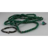 A large turquoise and white metal bead necklace, formed from 10mm diameter green spherical turquoise