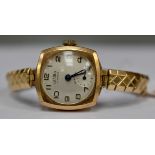 A Gradus 9ct gold ladies watch, cushion shaped dial, subsidiary dial, on later gilt expander strap,