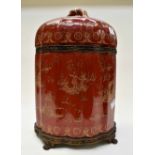A Chinoiserie pot with lid, mounted on bronze, hand painted,