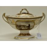 A Derby porcelain navette form sauce boat and cover, circa 1790, Neoclassical, pedestal design,