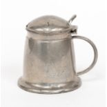 Tudric pewter mustard pot in shape of handled tankard with green glass insert pot