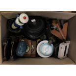 A parcel lot to include, two Japanese laquer glove boxes, three framed cat depictions (tin can),
