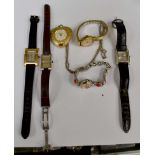 A gold plated ladies 'Oris' expanding bracelet watch, an 'Elle' designer watch, leather strap,