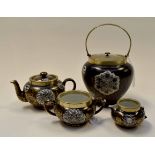 Fenton black and gold biscuit barrel, with EPNS lid and handle, Fenton teapot, sugar bowl,