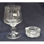 Drinking glass with etched decoration of a phoenix and inscription "Best Wishes Harold Wilson,
