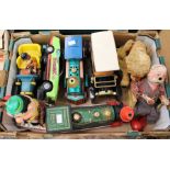 Collection of tinplate battery operated toys including TPS Swinger car, Masudaya loco x2 (working),