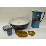 1920's water jug and wash bowl set with two leaf dishes A/F