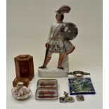 Selection of items W/Scottish theme, Staffordshire flatback, glass dish quashe, brooches,