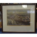 A box of various prints and framed cigarette cards, antique prints, watercolour map etc,