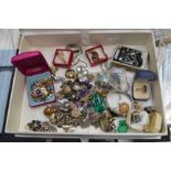 A quantity of costume jewellery to include Rosary earrings, brooches, bracelets, Cloisonné,