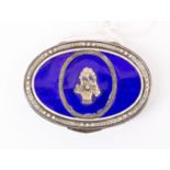 A continental white metal and enamel snuff box, stamped 900, blue enamel and floral decoration,