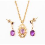 A 9ct gold amethyst and cultured pearl pendant and chain together with a pair of amethyst and pearl