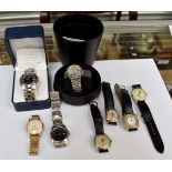 A gent's circa 1940's vintage 9ct gold Timor watch together with seven assorted base metal watches