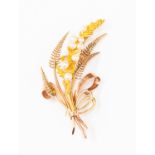 A 9ct rose and yellow gold fern leaf spray brooch set with eight cultured pearls, hallmarked,