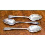 Three George III silver table spoons, with unusual duty mark for 1785 by George Smith,