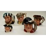 Five various Royal Doulton character jugs, comprising The Falconer, D6533, The Poacher D6429,